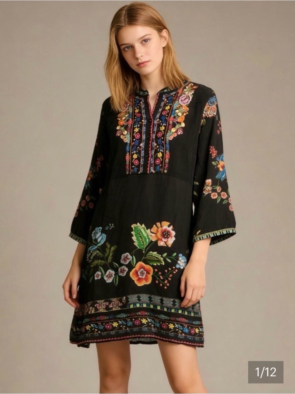 Johnny Was Mabel Silk Black Floral Embroidered Long Sleeve Tunic Dress SXL $238